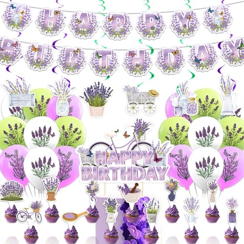 Lavendel-Party-Dekorationen enthalten Lavendel Happy Birthday Banner hängende Wirbel Kuchen Topper Cupcake Toppers Ballons für Lavendel Geburtstag Party Supplies von POMNUG