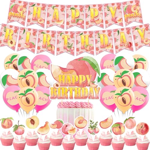 Pfirsich-Geburtstagsdekorationen Pfirsich-Partyzubehör enthält Pfirsich-Geburtstagsbanner Kuchenaufsatz Cupcake Toppers Luftballons für Obst Pfirsich Partydekorationen von POMNUG