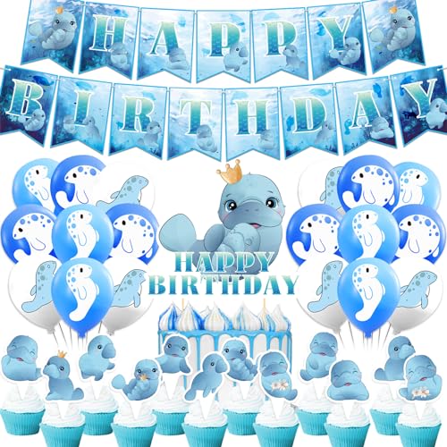 Seekuh Geburtstag Party Dekorationen Seekuh Party Supplies Enthält Seekuh Happy Birthday Banner Cake Topper Cupcake Toppers Luftballons von POMNUG