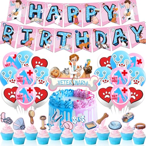 Tierärztliche Geburtstagsparty Dekorationen Vet Party Supplies Beinhaltet Tierärztliche Geburtstagsbanner Kuchen Topper Cupcake Toppers Ballons für Tierärztliche Techniker Geburtstagsparty von POMNUG