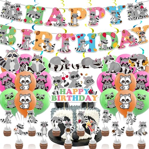 Waschbär Geburtstag Party Supplies - Dekorationen Set mit Banner, Hängende Wirbel, Kuchen Cupcake Toppers, Ballons für Waldtiere Baby Dusche Waschbär Geburtstag Party Supplies - Dekorationen Set mit Banner, Hängende Wirbel, Kuchen Cupcake Toppers, Ballons für Waldtiere Baby Dusche von POMNUG