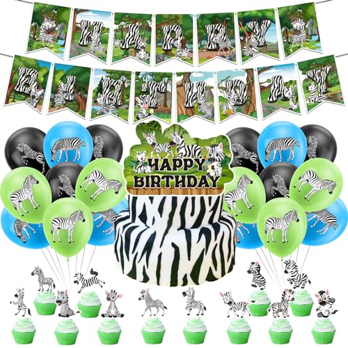 Zebra Party Supplies Tier Zebra Geburtstag Party Dekorationen Beinhaltet Zebra Happy Birthday Banner Kuchen Topper Cupcake Toppers Ballons für Zebra Dschungel Thema Party Dekorationen von POMNUG
