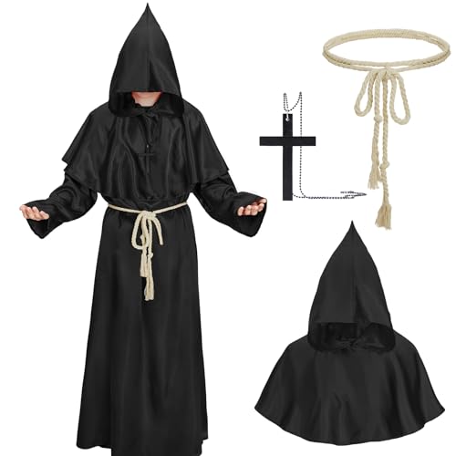 PONCEAU Halloween Mönch Robe Priester Robe Mönch Kostüm Herren mit Kapuze und Kreuz Mönch Kostüm Renaissance Hooded Cosplay Karneval Mittelalter Halloween Kostüm Mönchskostüm von PONCEAU