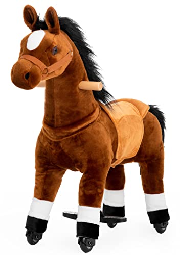 PONYEEHAW Reitpferd für Kinder ab 3 mit Rollen, Horse Toy Ride, Spielpferd zum Reiten Stehpferd Groß aus Metall und Plüsch Pferde Spielzeug zum Reiten mit Schabracke und Zaumzeug (Braun, Klein) von PONYEEHAW