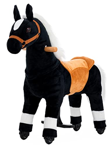 PONYEEHAW Reitpferd für Kinder ab 3 mit Rollen, Horse Toy Ride, Spielpferd zum Reiten Stehpferd Groß aus Metall und Plüsch Pferde Spielzeug zum Reiten mit Schabracke und Zaumzeug (Schwarz, Klein) von PONYEEHAW