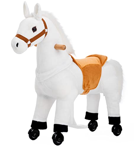 PONYEEHAW Reitpferd für Kinder ab 3 mit Rollen, Horse Toy Ride, Spielpferd zum Reiten Stehpferd Groß aus Metall und Plüsch Pferde Spielzeug zum Reiten mit Schabracke und Zaumzeug (Weiß, Klein) von PONYEEHAW