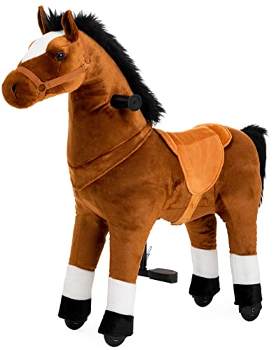 PONYEEHAW Reitpferd für Kinder ab 4 mit Rollen, Horse Toy Ride, Spielpferd zum Reiten Stehpferd Groß aus Metall und Plüsch Pferde Spielzeug zum Reiten mit Schabracke und Zaumzeug (Braun,Mittel) von PONYEEHAW