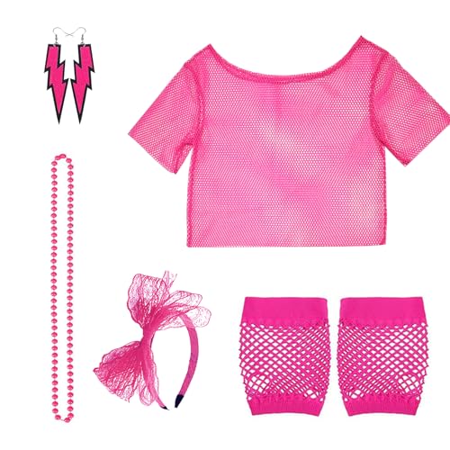 POPAPIE 1 Stück 80er 90er Jahre Netzoberteil Damen,Neon Party Outfit Kostüm,Damen Mottoparty Netzoberteil mit Netzhandschuhe Stirnband Ohrringe Halskette Geeignet Party Fasching Geburtstag Cosplay von POPAPIE