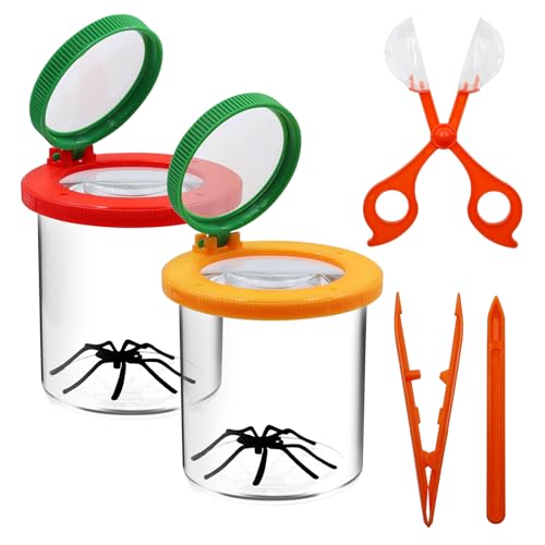 POPAPIE 2 Stück Becherlupen für Kinder,Lupenbecher Set mit Pinzette Clip und Ahle Lupenglas für Kinder Becherlupe für Natur Erkundung Insektenbeobachtung Outdoor Wissenschaft von POPAPIE