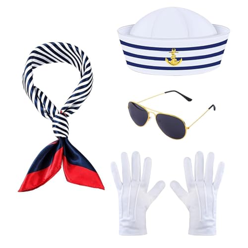 POPAPIE 4 Stück Matrosen Kostüm Set Verstellbare Matrosenmütze Schal Sonnenbrille Handschuhe Kapitän Matrose Kostüm Zubehör Set für Cosplay Halloween Kostümzubehör Kreuzfahrten Party von POPAPIE