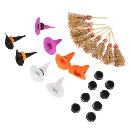 POPETPOP 1Satz Mini Hexenhüte mit Mini Besen und Kessel Teiliges Halloween Dekorationsset für Puppenhaus DIY Bastelprojekte und Landschaften von POPETPOP