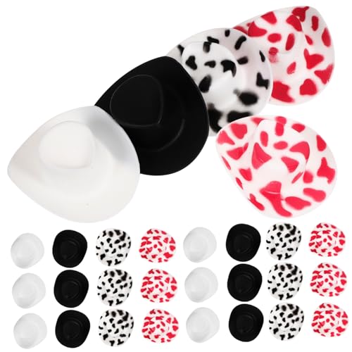 POPETPOP 40 Stück Miniatur Cowboy Hüte Kunststoff Kleine Dekorative Puppenhüte Mix aus Weiß mit Schwarzen Punkten und Leichte DIY Bastelaccessoires für Party und Puppendekoration von POPETPOP