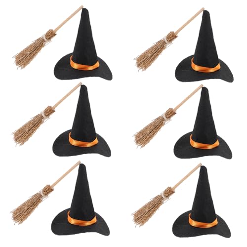 POPETPOP 6Satz Mini Hexenhüte und Besen für Halloween Dekoration DIY Hexenhandwerk Requisite für Partys und Cosplay Teilig Hüte Besen von POPETPOP