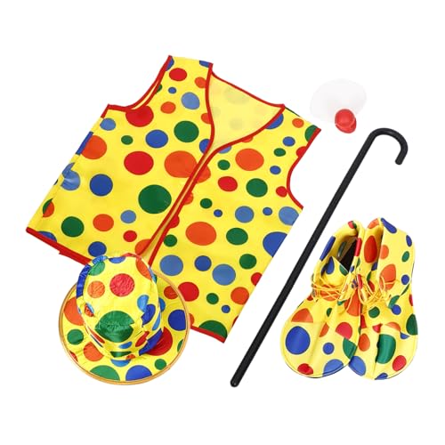 POPETPOP Clown Kostüm mit Hut Weste Schuhe Krücke und Nase Faschingskostüm Zubehör für Halloween Karneval Bühnenauftritt Hautfreundlich und Langlebig Einzigartiges Cosplay Outfit von POPETPOP