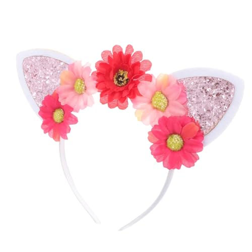 POPETPOP Katzenohren Haarreif mit Künstlichen Blumen für Stirnband zur Party Kopfbedeckung für Halloween und Fotoshootings von POPETPOP