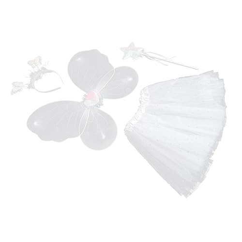 POPETPOP Mädchen Feenkostüm Teilig Schmetterlingsflügel Tüllrock Weiß Pailletten Party Faschingskostüm Cosplay Bühnenkleidung mit Engelsstab und Haarreif von POPETPOP