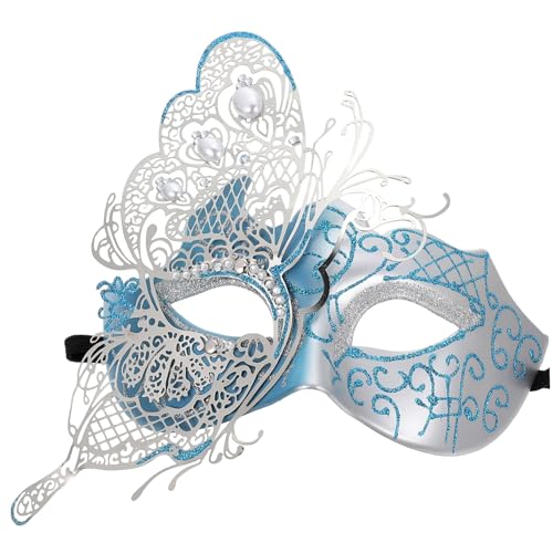 POPETPOP Masquerade Ball Maske für Frauen Einstellbare Einheitsgröße Strassbesetzte Blaue Schmetterlingsmaske für Karneval Halloween Maskenball Cosplay und Kostümpartys von POPETPOP