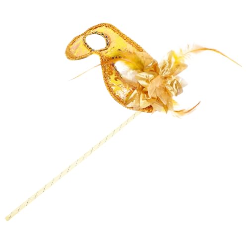 POPETPOP Masquerade Maske mit Federn Handgehaltene Venezianische Halbgesichtsmaske Damen Karneval Party Halloween Kostüm Zubehör Goldfarben Elegant von POPETPOP