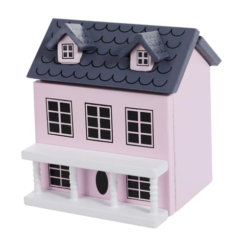 POPETPOP Maßstab Tiny Wooden House Ornament mit Niedlicher Blauer Wand und Grauem Dach Handbemalt Stilvolle Mikrovilla Deko für Puppenhaus und Sammler von POPETPOP