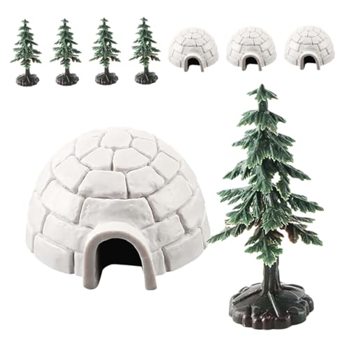 POPETPOP Miniatur Modellset Winter Deko Teilig mit EIS Häusern und Weihnachtsbäumen Stabiles Kunststoff DIY Szene Zubehör für Kuchen und Basteln von POPETPOP