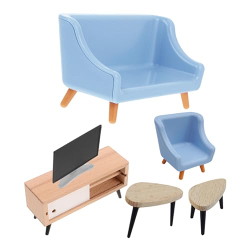 POPETPOP Miniatur Puppenhaus Wohnzimmermöbel Set Teilig mit Tv Schrank Sofas Hellblau Teiligem Dreibein Couchtisch DIY Puppenhaus Zubehör für Realistische Dekoration von POPETPOP
