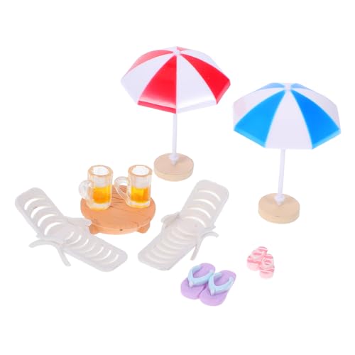 POPETPOP Miniatur Stranddekoration mit Sonnenschirm Tisch Stuhl Realistische Langlebige DIY Mini Beach Accessoires für Puppenhaus Kuchen Garten Kreative Deko von POPETPOP