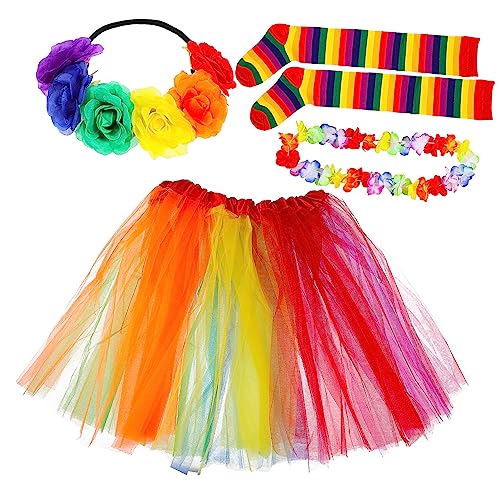 POPETPOP Rainbow Tüllrock mit Pride Accessoires Blumen Haarband Overknee Socken für Frauen Vielseitiges Kostüm für Party Karneval Cosplay und Pride Events POPETPOP Rainbow Tüllrock mit Pride Accessoires Blumen Haarband Overknee Socken für Frauen Vielseitiges Kostüm für Party Karneval Cosplay und Pride Events von POPETPOP