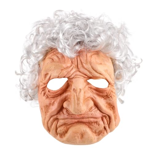 POPETPOP Realistische Halloween Alte Frau Maske mit Lockenperücke Detailreiche Vollkopf Maske für Männer Cosplay Kostüm Party und Bühnenauftritte Vielseitige Verkleidungsspielzeug von POPETPOP