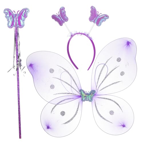 POPETPOP Schmetterling Kostüm mit Flügeln Haarreif und Zauberstab Leichte Kunststoff und Polyester Materialien Einstellbare Wiederverwendbar für Geburtstagsfeiern Halloween und Fasching von POPETPOP