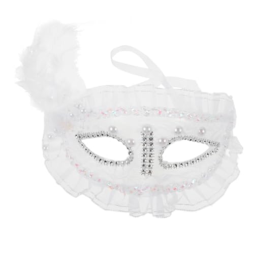 POPETPOP Venezianische Halbmaske Damen Karneval Spitzenmaskerade mit Perlen und Federn für Maskenball Halloween Cosplay Party von POPETPOP