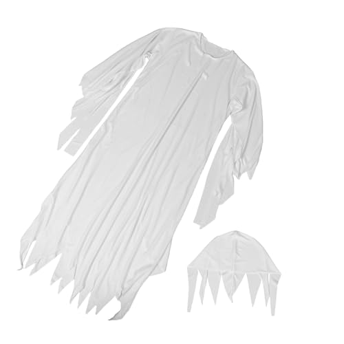 POPETPOP Weißes Geisterkostüm Damen Atmungsaktives Vielseitiges Halloween Poncho mit Hut Bequemes Langlebiges Cosplay Outfit für Horrorfilm Fasching Bühnenauftritte von POPETPOP