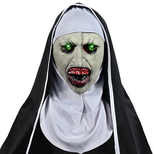 Halloween Nonnen Maske Mit Grünem Licht und Kopftuch - Gruselige Kostüm Party Requisiten für Erwachsene von POPGMMT