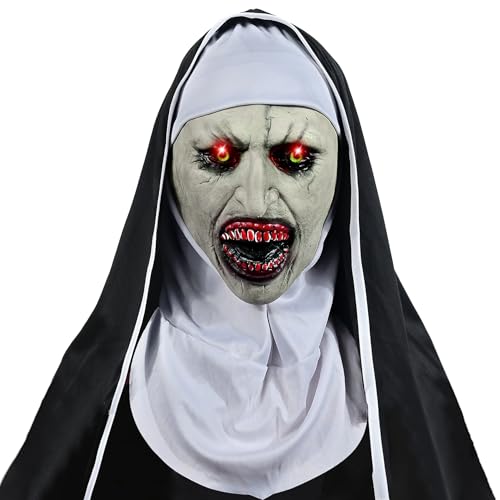 Halloween Nonnen Maske Mit Roten Lichtern und Kopftuch - Gruselige Kostüm Party Requisiten für Erwachsene von POPGMMT