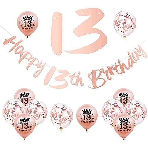 13 Geburtstag Deko, 13. Geburtstag Mädchen Junge,13 Jahr Geburtstagdeko,Happy Birthday Girlande Ballon Roségold Deko,Deko 13. Geburtstag Konfetti Luftballons,Banner Birthday Party Decorations von POPOYU