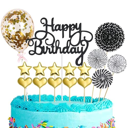 Tortendeko Geburtstag Mädchen Junge Frau Mann,Geburtstagskuchen Deko,16 Stück Glitzer Geburtstagstorte Topper Schwarzes Gold Cake Topper Deko Geburtstag Happy Birthday Kuchendeko,für Geburtstag Party von POPOYU