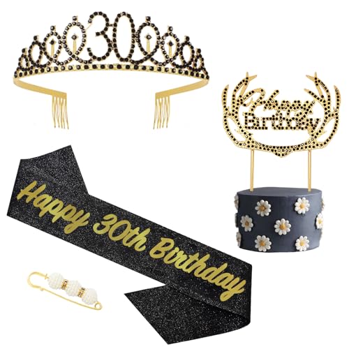 30.Geburtstag Schärpe und Tiara für Mädchen Frauen,Schwarzes Gold Birthday Schärpe Kristall Tiara Krone für Alles Gute zum 30. Geburtstag Party Favor Supplies von POPOYU