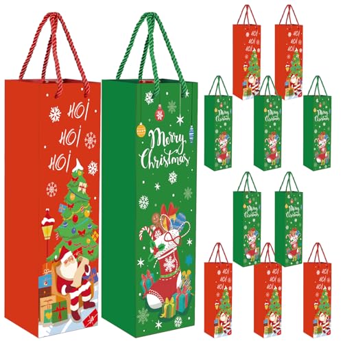 POPOYU 12 Stück Geschenktüten Flaschen Weihnachten,Geschenktüten Wein Weihnachten Set,Kraftpapier Tüten Rot Mit Henkel,Weihnachts Flaschentüten für Weinflaschen, Weihnachtsverpackung(36x12x8cm) von POPOYU
