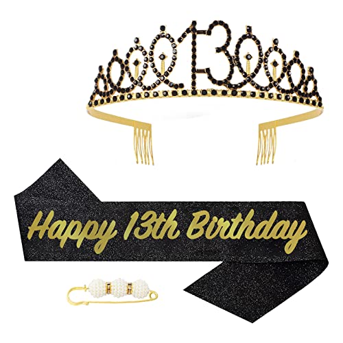 POPOYU 13 Geburtstag Krone und Schärpe,Krone 13. Geburtstag Mädchen,13.Geburtstag Tiara Schwarz Gold,krone 13.,13 Jahre Geburtstag Mädchen Kopfbedeckung für Geburtstagsgeschenk Partyzubehör von POPOYU