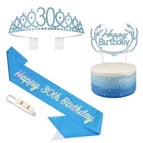 POPOYU 13 Geburtstag Krone und Schärpe Blau,Krone 13.Geburtstag,13. Geburtstag Schärpe und Tiara Kristall Kuchenaufsätze Kit,Krone 13 Geburtstag Mädchen für Geburtstag Geschenk Partyzubehör Dekor von POPOYU
