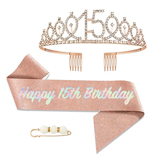POPOYU 15 Geburtstag Krone und Schärpe,Krone 15. Geburtstag Mädchen,15.Geburtstag Tiara Roségold,krone 15.,15 Jahre Geburtstag Mädchen Kopfbedeckung für Geburtstagsgeschenk Partyzubehör von POPOYU