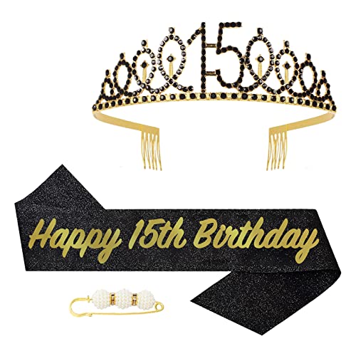 POPOYU 15 Geburtstag Krone und Schärpe,Krone 15. Geburtstag Mädchen,15.Geburtstag Tiara Schwarz Gold,krone 15.,15 Jahre Geburtstag Mädchen Kopfbedeckung für Geburtstagsgeschenk Partyzubehör von POPOYU
