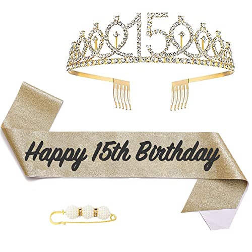 POPOYU 15. Fabulous Geburtstags-Krone Schärpe Set Gold Tiara Krone Geburtstags Krone für 15. Geburtstag Deko,Prinzessin Kronen Haar-Zusätze für Frauen Geburtstagsgeschenk Partyzubehör von POPOYU