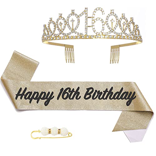 POPOYU 16. Fabulous Geburtstags-Krone Schärpe Set Gold Tiara Krone Geburtstags Krone für 16. Geburtstag Deko,Prinzessin Kronen Haar-Zusätze für Frauen Geburtstagsgeschenk Partyzubehör von POPOYU