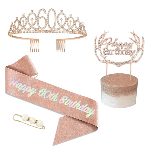 POPOYU 160.Geburtstag Schärpe und Tiara für Mädchen Frauen,Roségold Birthday Schärpe Kristall Tiara Krone für Alles Gute zum 60. Geburtstag Party Favor Supplies von POPOYU