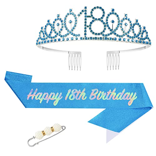 POPOYU 18 Geburtstag Krone und Schärpe,Krone 18. Geburtstag Mädchen,18.Geburtstag Tiara Blau,krone 18.,18 Jahre Geburtstag Mädchen Kopfbedeckung für Geburtstagsgeschenk Partyzubehör von POPOYU
