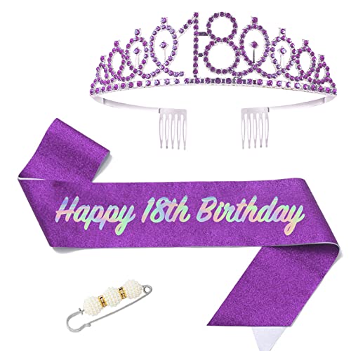 POPOYU 18 Geburtstag Krone und Schärpe,Krone 18. Geburtstag Mädchen,18.Geburtstag Tiara Lila,krone 18.,18 Jahre Geburtstag Mädchen Kopfbedeckung für Geburtstagsgeschenk Partyzubehör von POPOYU