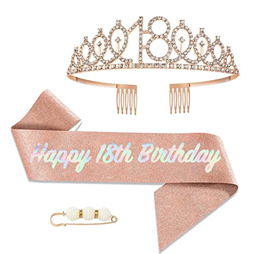 POPOYU 18 Geburtstag Krone und Schärpe,Krone 18. Geburtstag Mädchen,18.Geburtstag Tiara Roségold,krone 18.,18 Jahre Geburtstag Mädchen Kopfbedeckung für Geburtstagsgeschenk Partyzubehör von POPOYU