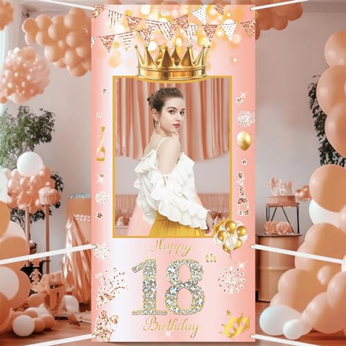 POPOYU 18 Geburtstag Rahme,Deko 18. Geburtstag Frauen Banner,Banner 18 GeburtstagFrau,deko 18.geburtstags Roségold.banner,18.Geburtstags Photo Booth Rahmen für Frauen GeburtstagParty Zubehör von POPOYU