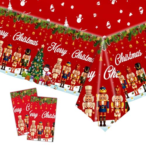 POPOYU 2 Stück Weihnachtstischdecke,Nussknacker Einweg Tischdecke Weihnachten,Groß Rechteckige Weihnachtsmann Schneemann Tischhussen Esstischdecke für Weihnachts Party Tischdecke Tischtuch(137x274cm) von POPOYU