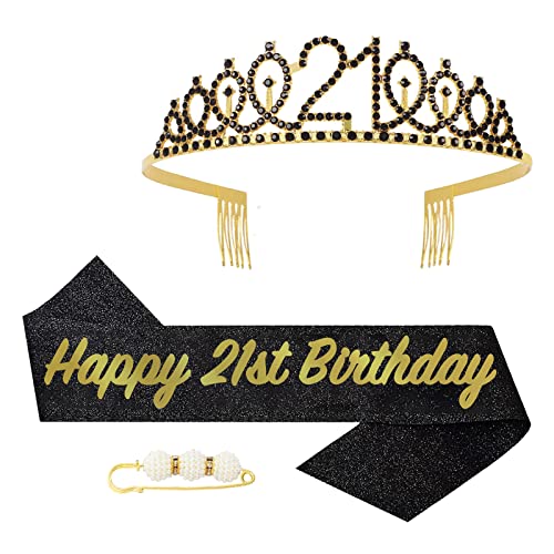 POPOYU 21 Geburtstag Krone und Schärpe,Krone 21. Geburtstag Frauen,21.Geburtstag Tiara Schwarz Gold,krone 21.,21 Jahre Geburtstag Mädchen Kopfbedeckung für Geburtstagsgeschenk Partyzubehör von POPOYU